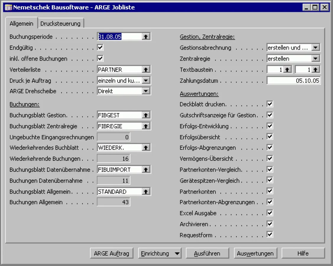 Mit dieser BAU financials-Maske lässt sich der Datenexport zur ARGE-Drehscheibe organisieren.
