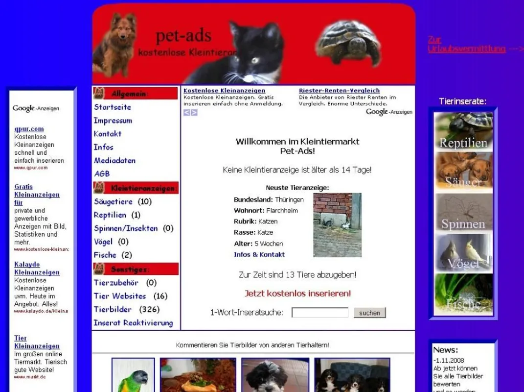 Kleintiermarkt Pet-Ads Websiteübersicht