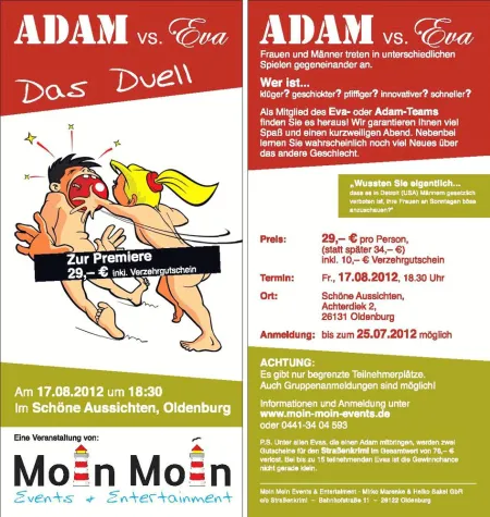 Adam vs. Eva – die Mitmachshow in Oldenburg Bild: Adam vs. Eva – die Mitmachshow in Oldenburg