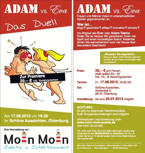 Adam vs. Eva – die Mitmachshow in Oldenburg Bild: Adam vs. Eva – die Mitmachshow in Oldenburg