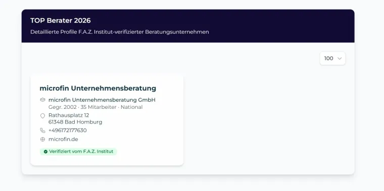 microfin als „Top-Berater 2026“ ausgezeichnet Bild: microfin als „Top-Berater 2026“ ausgezeichnet