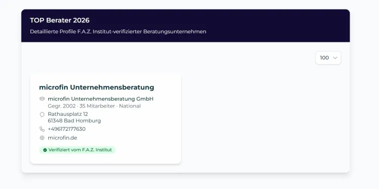 Bild: microfin als „Top-Berater 2026“ ausgezeichnet  