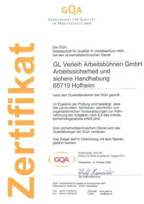 Bild: GL Verleih für Frankfurt ist einziger GQA- zertifizierter Arbeitsbühnen-Verleih Deutschlands