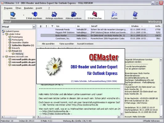 Bild: OEMaster 3.0: DBX-Reader und Daten-Export für Outlook Express