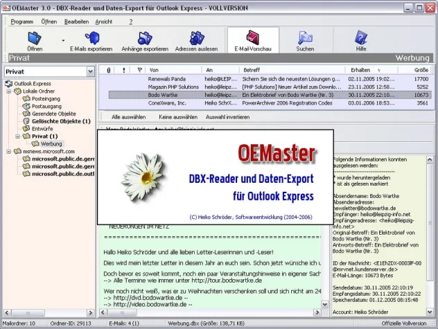 Bild: OEMaster 3.0: DBX-Reader und Daten-Export für Outlook Express