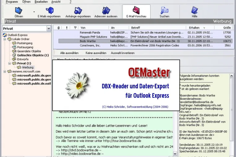 OEMaster 3.0: DBX-Reader und Daten-Export für Outlook Express Bild: OEMaster 3.0: DBX-Reader und Daten-Export für Outlook Express