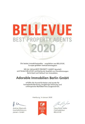 Bild: Adorable Immobilien Berlin GmbH aus Berlin als »BELLEVUE BEST PROPERTY AGENT 2020« ausgezeichnet