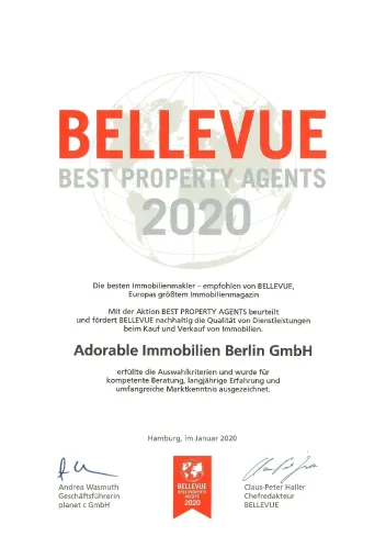 Bild: Adorable Immobilien Berlin GmbH aus Berlin als »BELLEVUE BEST PROPERTY AGENT 2020« ausgezeichnet