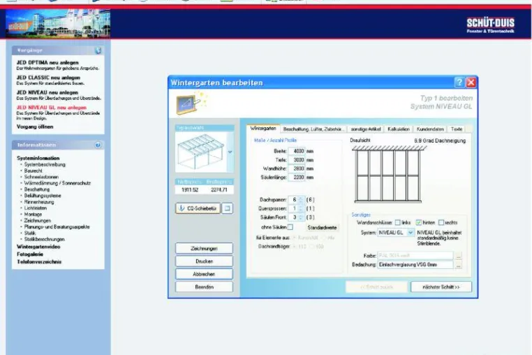 Bild: WinPlan2009, die neue Software-Version für die Planung und Berechnung der JED-Wintergartensysteme