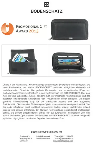 Bild: Promotional Gift Award 2013 an smarte Smartphone Börse aus dem Haus BODENSCHATZ