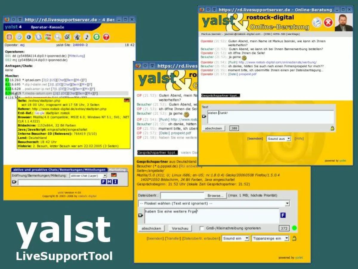 yalst-LiveSupportTool mit Operator-Konsole sowie Chat-Fenster des Besuchers und des Beraters
