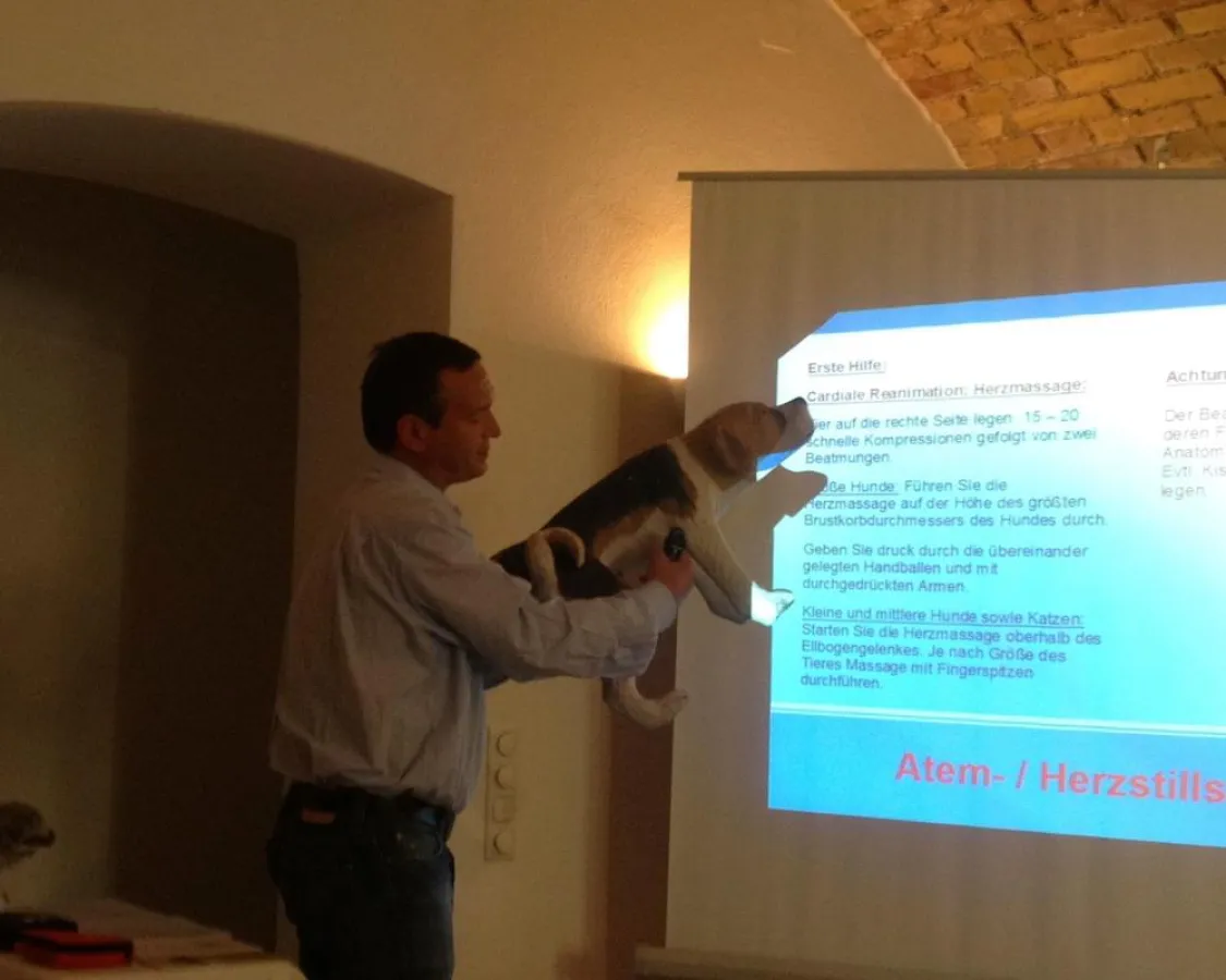 Dr. vet. Christian Hellinger erklärt am Modell-Hund, was zu tun ist.