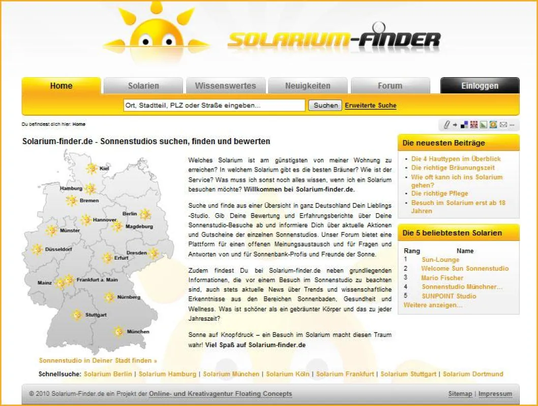 Screenshot Solarium-finder.de Startseite