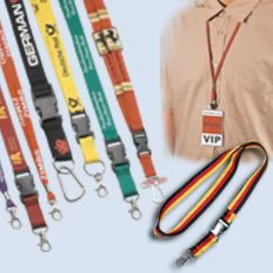Bedruckte Lanyards mit dem eigenen Firmenlogo, Blanko oder in Deutschland-Farben.