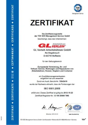Bild: GL Verleih Arbeitsbühnen GmbH bestätigt hohen Qualitätsstandard zur DIN EN ISO 9001- Zertifizierung