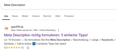 Meta Description in Google SERP (Beispiel) (© Google / openPR)